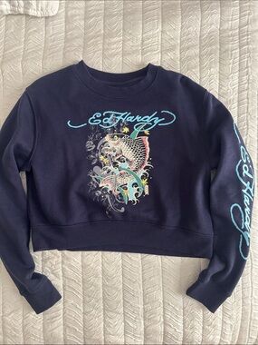 Ed Hardy Navy Cropped Crewneck Sweatshirt with Turquoise Script
